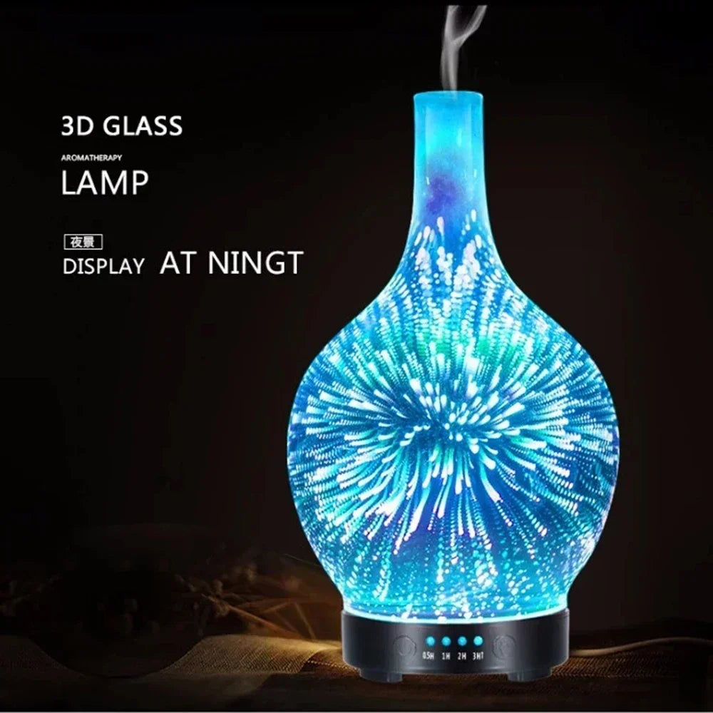 3D skleněný aroma difuzér s efektem ohňostroje – vůně a světelná show